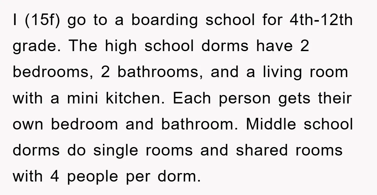 I (15f) go to a boarding school for 4th-12th grade. The high school dorms have 2 bedrooms, 2 bathrooms, and a living room with a mini kitchen. Each person gets...