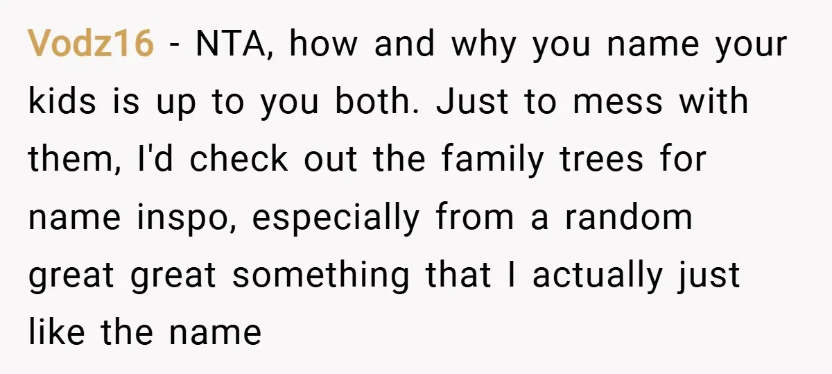 Vodz16 − NTA, how and why you name your kids is up to you both. Just to mess with them, I'd check out the family trees for name inspo, especially...