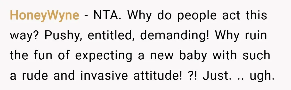HoneyWyne − NTA. Why do people act this way? Pushy, entitled, demanding! Why ruin the fun of expecting a new baby with such a rude and invasive attitude! ?! Just....