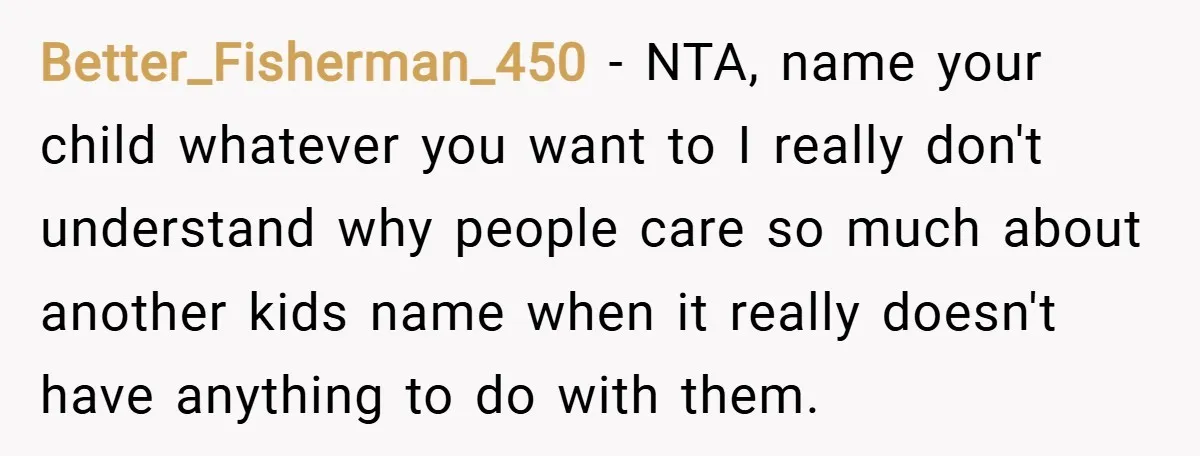 Better_Fisherman_450 − NTA, name your child whatever you want to I really don't understand why people care so much about another kids name when it really doesn't have anything to...