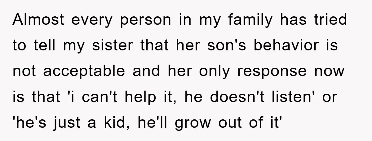 Almost every person in my family has tried to tell my sister that her son's behavior is not acceptable and her only response now is that 'i can't help it,...