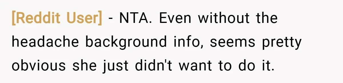 [Reddit User] − NTA. Even without the headache background info, seems pretty obvious she just didn't want to do it.
