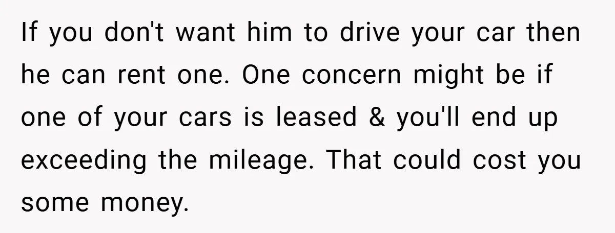 If you don't want him to drive your car then he can rent one. One concern might be if one of your cars is leased & you'll end up exceeding...