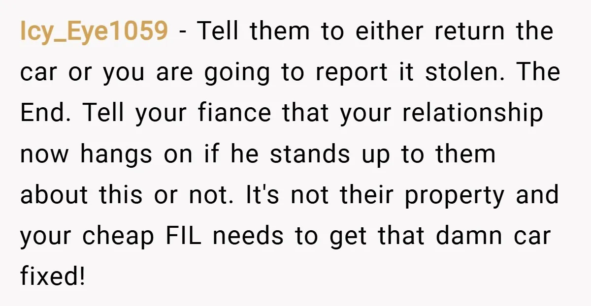 Icy_Eye1059 − Tell them to either return the car or you are going to report it stolen. The End. Tell your fiance that your relationship now hangs on if he...