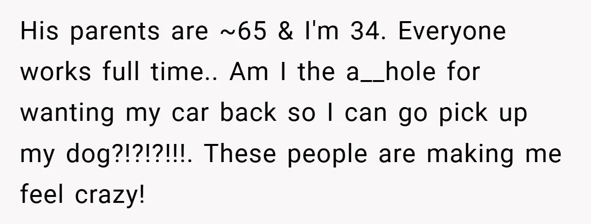 His parents are ~65 & I'm 34. Everyone works full time.. Am I the a__hole for wanting my car back so I can go pick up my dog?!?!?!!!. These people...