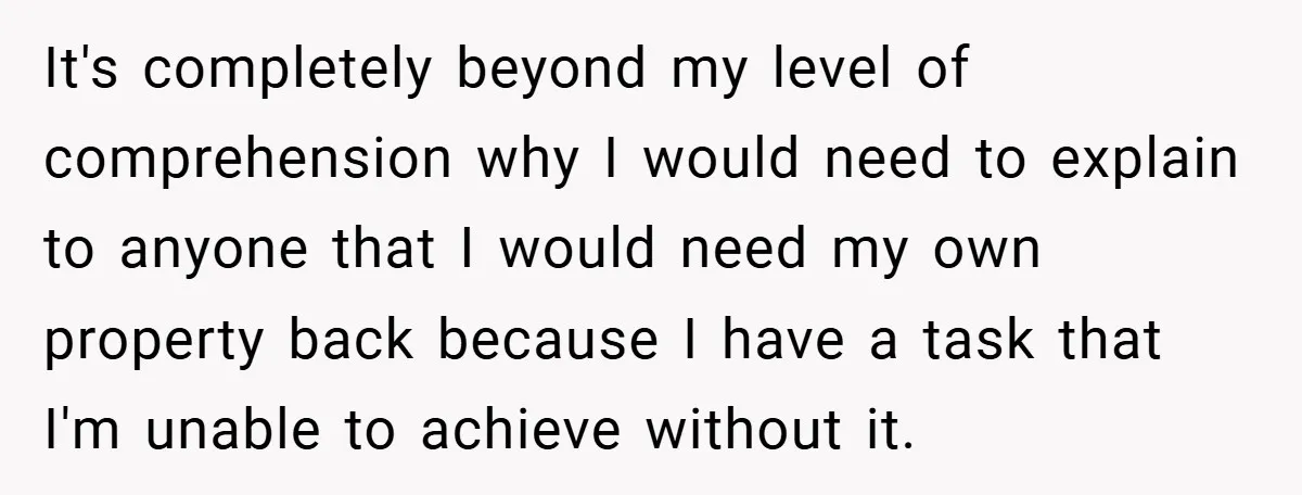 It's completely beyond my level of comprehension why I would need to explain to anyone that I would need my own property back because I have a task that I'm...