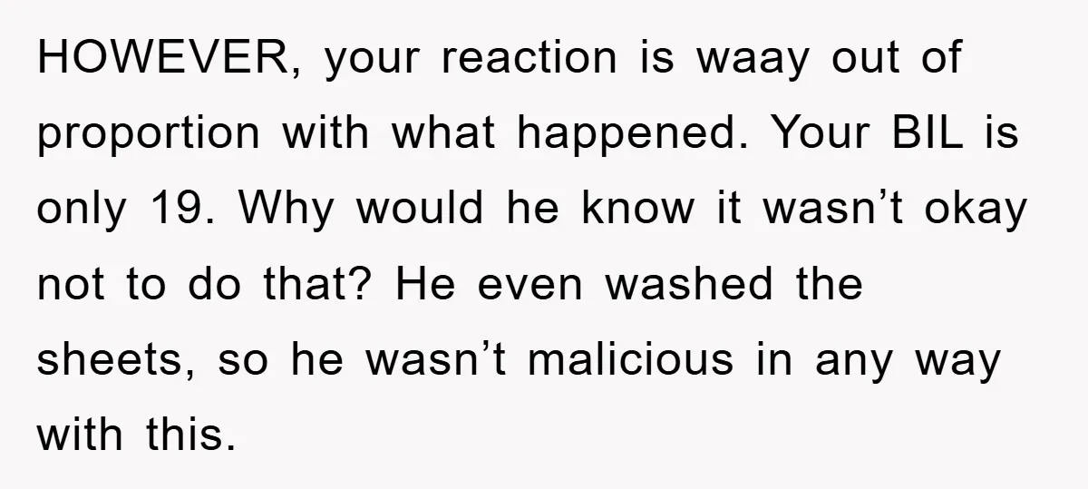 HOWEVER, your reaction is waay out of proportion with what happened. Your BIL is only 19. Why would he know it wasn’t okay not to do that? He even washed...