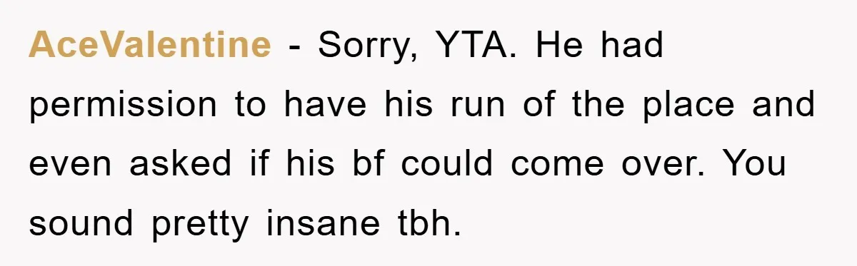AceValentine − Sorry, YTA. He had permission to have his run of the place and even asked if his bf could come over. You sound pretty insane tbh.