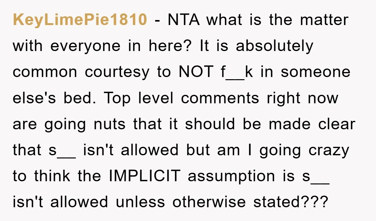 KeyLimePie1810 − NTA what is the matter with everyone in here? It is absolutely common courtesy to NOT f__k in someone else's bed. Top level comments right now are going...