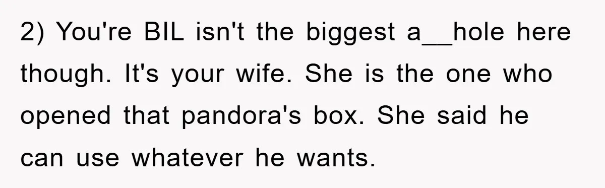 2) You're BIL isn't the biggest a__hole here though. It's your wife. She is the one who opened that pandora's box. She said he can use whatever he wants.