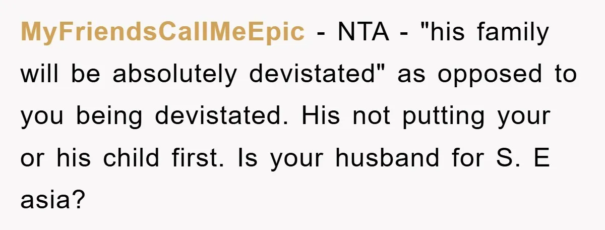 MyFriendsCallMeEpic − NTA - "his family will be absolutely devistated" as opposed to you being devistated. His not putting your or his child first. Is your husband for S. E...