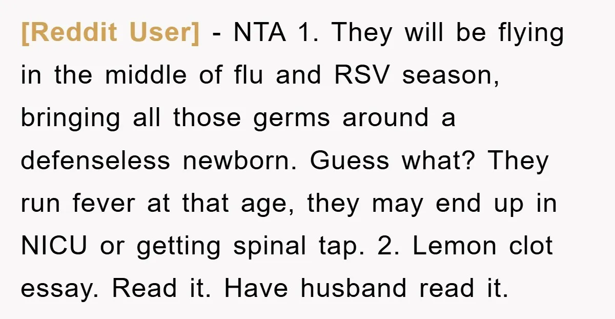 [Reddit User] − NTA 1. They will be flying in the middle of flu and RSV season, bringing all those germs around a defenseless newborn. Guess what? They run fever...
