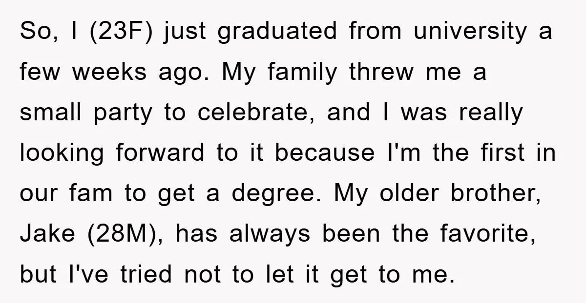 So, I (23F) just graduated from university a few weeks ago. My family threw me a small party to celebrate, and I was really looking forward to it because I'm...