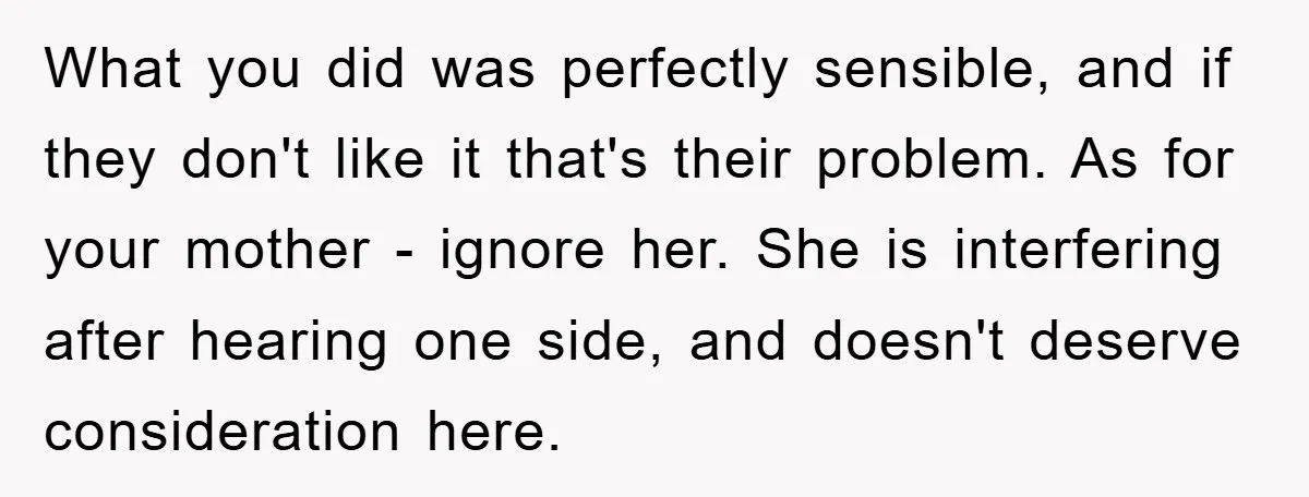 What you did was perfectly sensible, and if they don't like it that's their problem. As for your mother - ignore her. She is interfering after hearing one side, and...