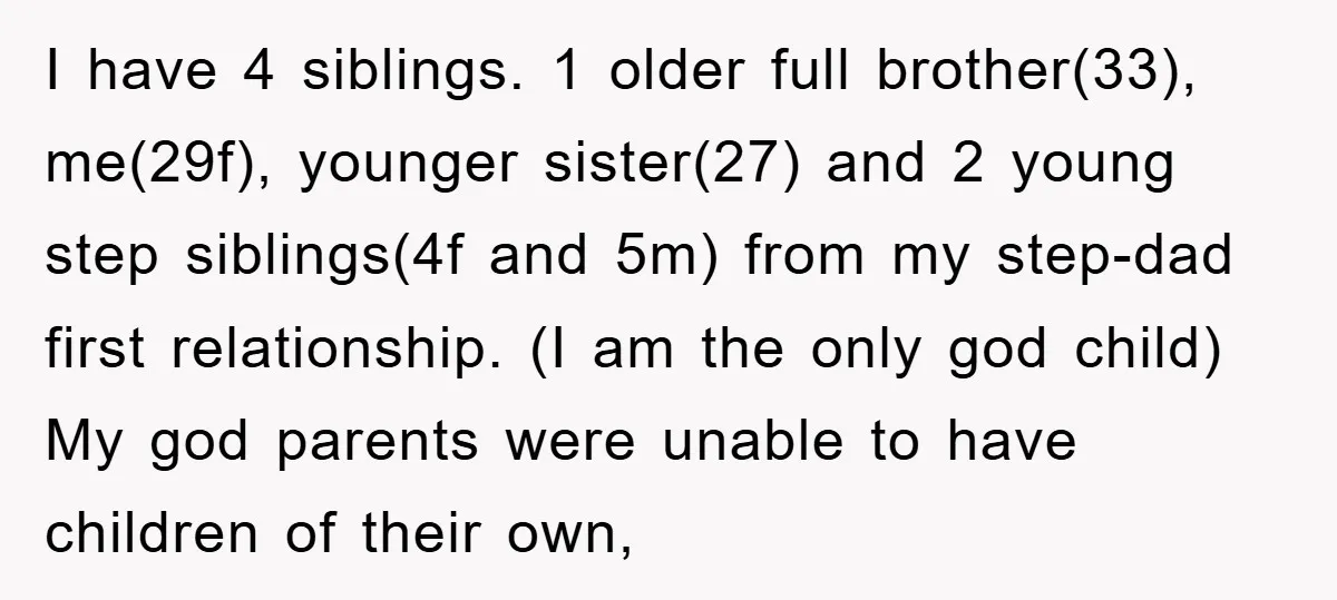 I have 4 siblings. 1 older full brother(33), me(29f), younger sister(27) and 2 young step siblings(4f and 5m) from my step-dad first relationship. (I am the only god child) My...