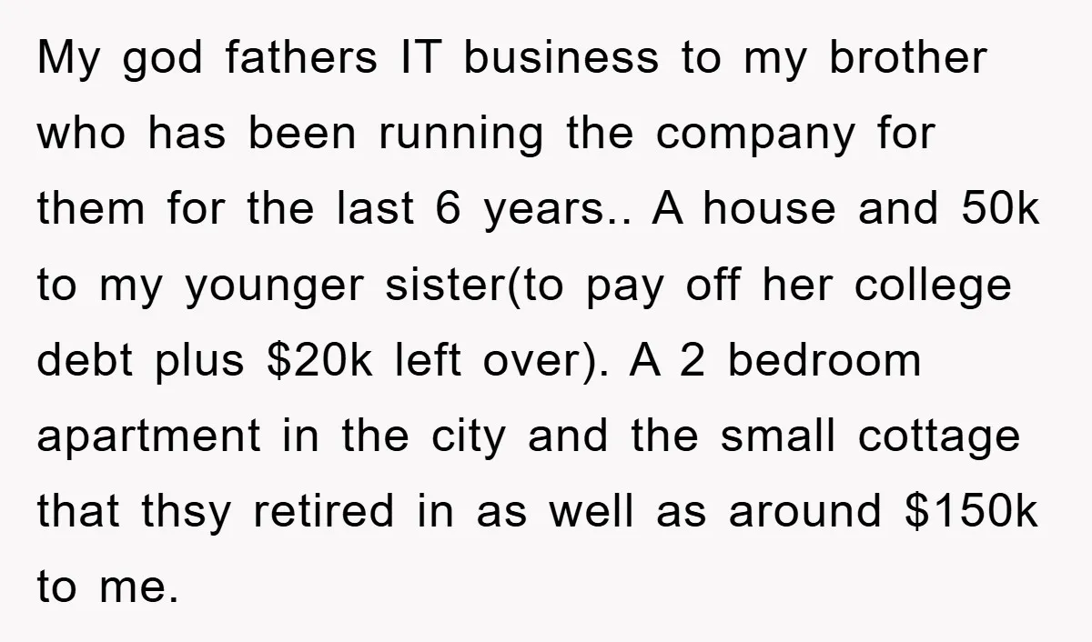 My god fathers IT business to my brother who has been running the company for them for the last 6 years.. A house and 50k to my younger sister(to pay...