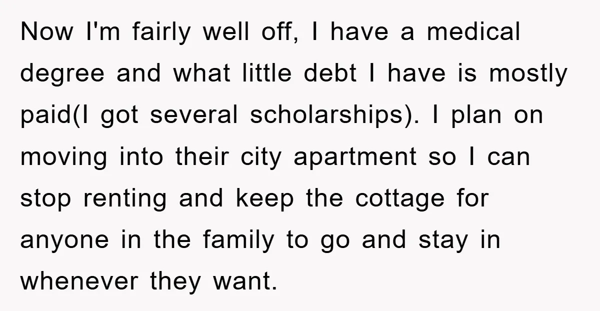 Now I'm fairly well off, I have a medical degree and what little debt I have is mostly paid(I got several scholarships). I plan on moving into their city apartment...