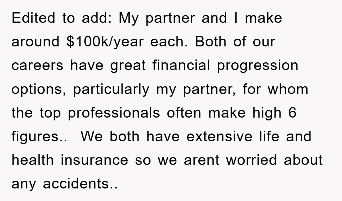 Edited to add: My partner and I make around $100k/year each. Both of our careers have great financial progression options, particularly my partner, for whom the top professionals often make...