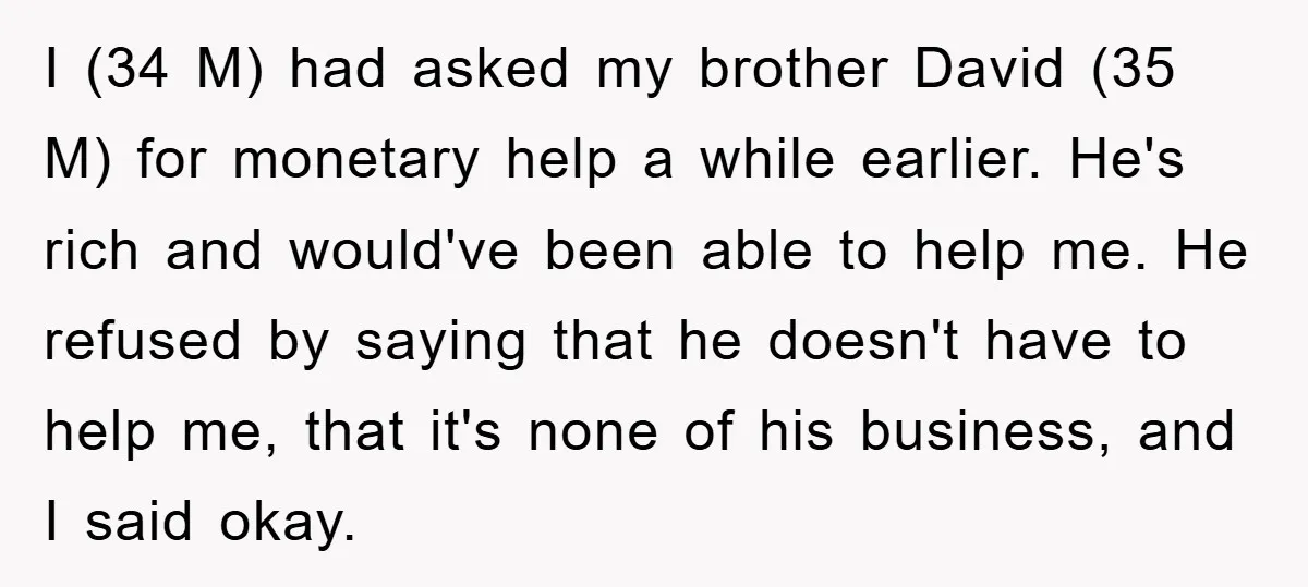 I (34 M) had asked my brother David (35 M) for monetary help a while earlier. He's rich and would've been able to help me. He refused by saying that...