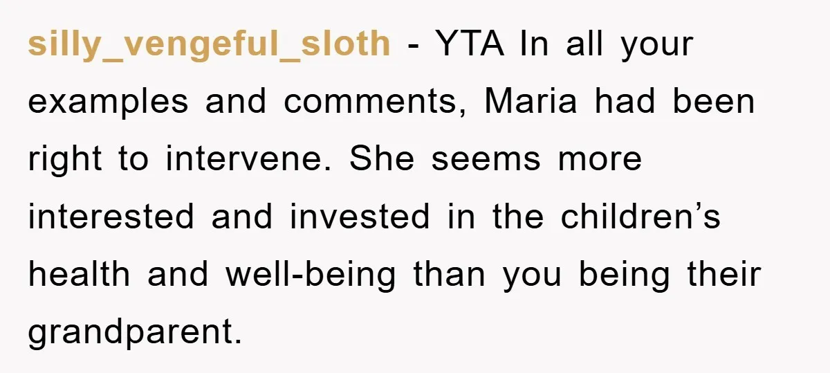 silly_vengeful_sloth − YTA In all your examples and comments, Maria had been right to intervene. She seems more interested and invested in the children’s health and well-being than you being...