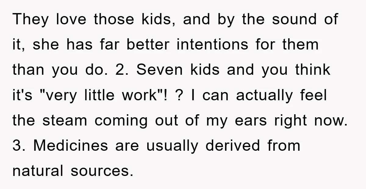 They love those kids, and by the sound of it, she has far better intentions for them than you do. 2. Seven kids and you think it's "very little work"!...