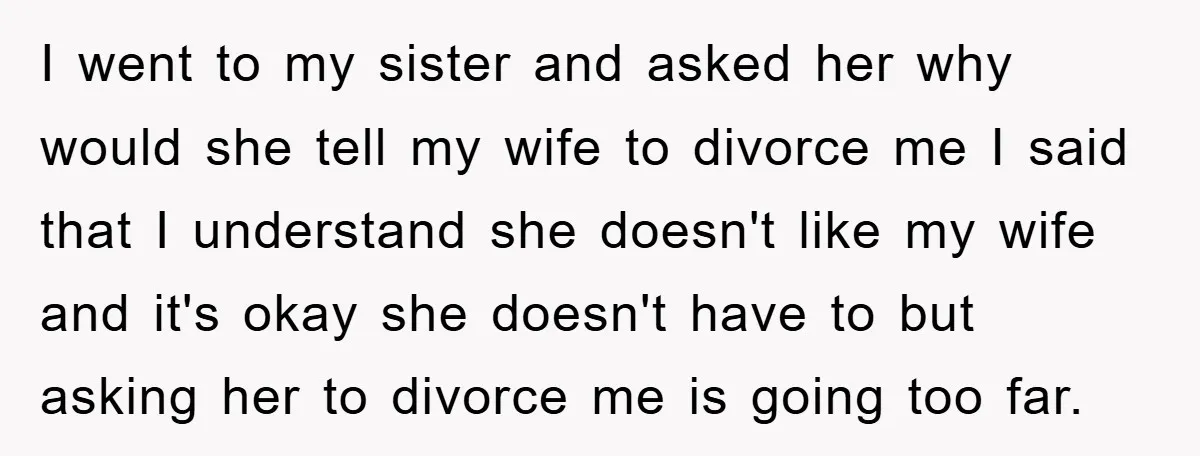 I went to my sister and asked her why would she tell my wife to divorce me I said that I understand she doesn't like my wife and it's okay...