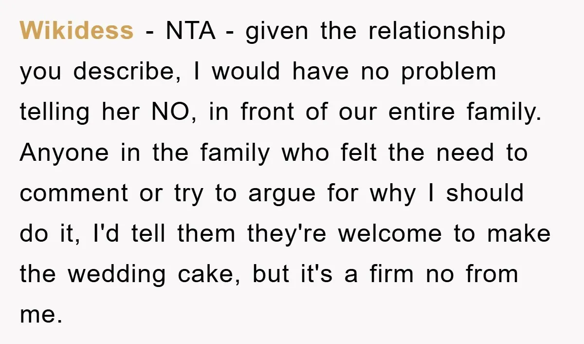 Wikidess − NTA - given the relationship you describe, I would have no problem telling her NO, in front of our entire family. Anyone in the family who felt the...