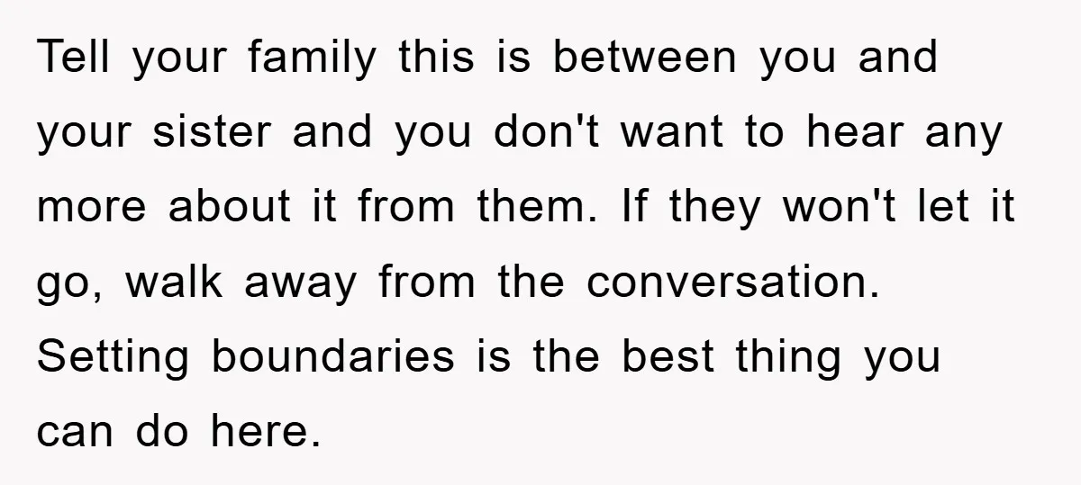 Tell your family this is between you and your sister and you don't want to hear any more about it from them. If they won't let it go, walk away...
