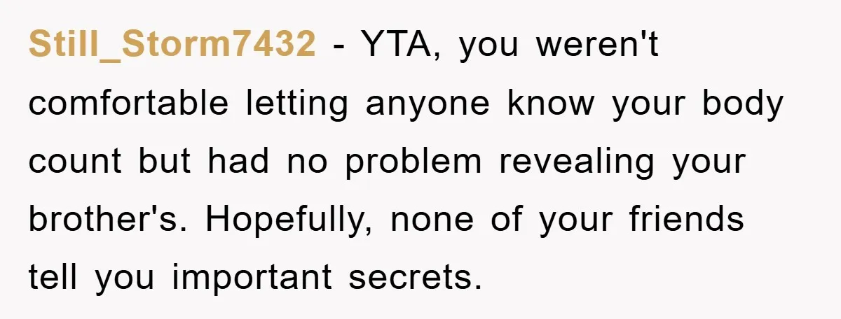 Still_Storm7432 − YTA, you weren't comfortable letting anyone know your body count but had no problem revealing your brother's. Hopefully, none of your friends tell you important secrets.
