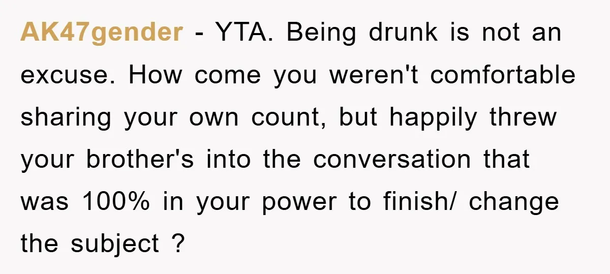 AK47gender − YTA. Being drunk is not an excuse. How come you weren't comfortable sharing your own count, but happily threw your brother's into the conversation that was 100% in...