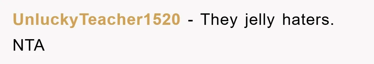 UnluckyTeacher1520 − They jelly haters. NTA