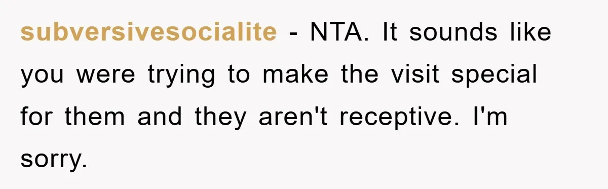 subversivesocialite − NTA. It sounds like you were trying to make the visit special for them and they aren't receptive. I'm sorry.