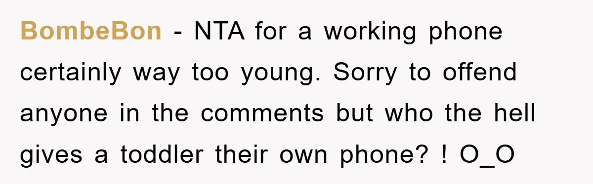 BombeBon - NTA for a working phone certainly way too young. Sorry to offend anyone in the comments but who the hell gives a toddler their own phone? ! O_O