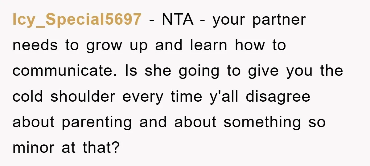 Icy_Special5697 - NTA - your partner needs to grow up and learn how to communicate. Is she going to give you the cold shoulder every time y'all disagree about parenting...