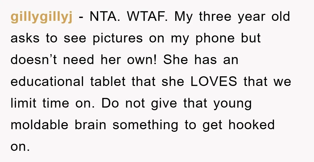 gillygillyj - NTA. WTAF. My three year old asks to see pictures on my phone but doesn’t need her own! She has an educational tablet that she LOVES that we...