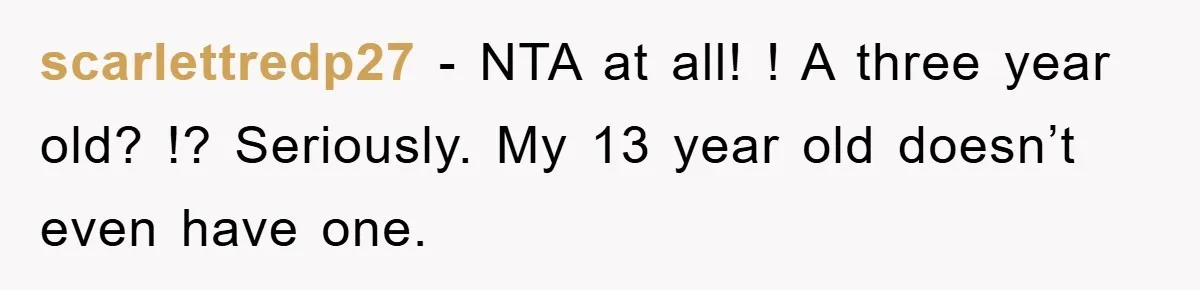 scarlettredp27 - NTA at all! ! A three year old? !? Seriously. My 13 year old doesn’t even have one.