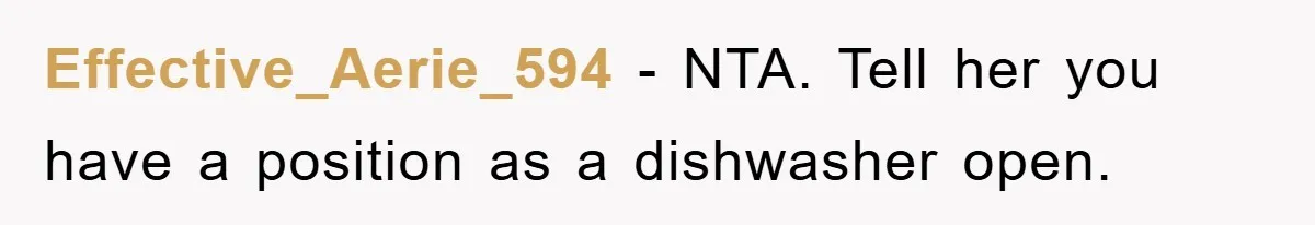 Effective_Aerie_594 − NTA. Tell her you have a position as a dishwasher open.
