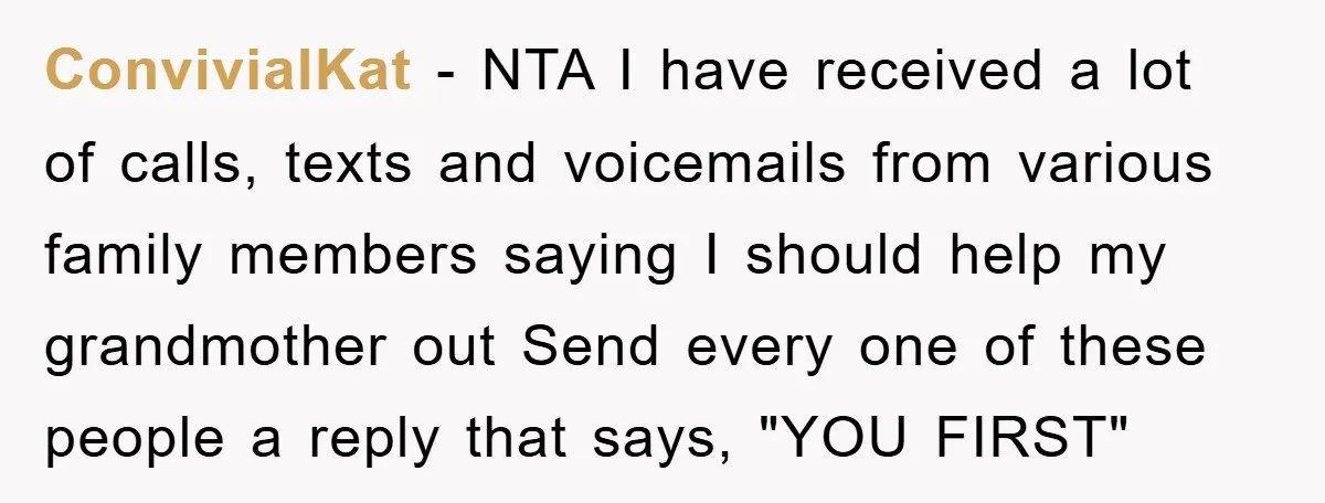 ConvivialKat − NTA I have received a lot of calls, texts and voicemails from various family members saying I should help my grandmother out Send every one of these people...
