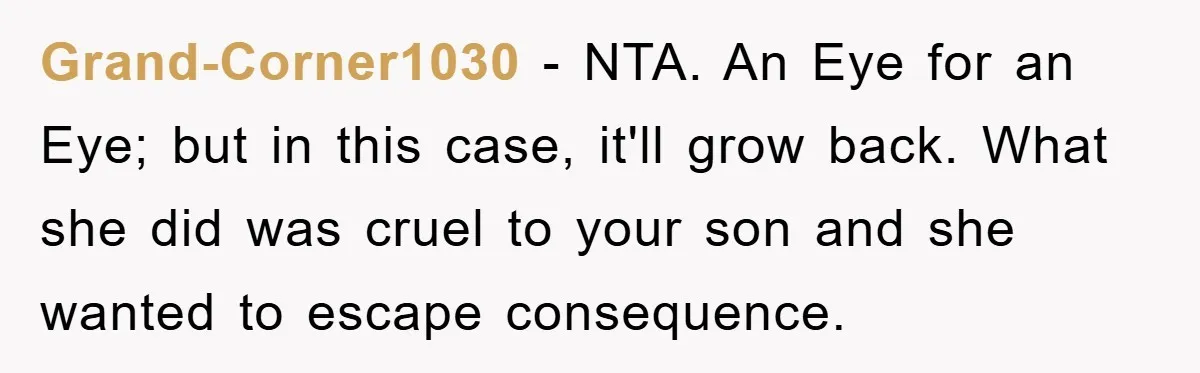 Grand-Corner1030 − NTA. An Eye for an Eye; but in this case, it'll grow back. What she did was cruel to your son and she wanted to escape consequence.