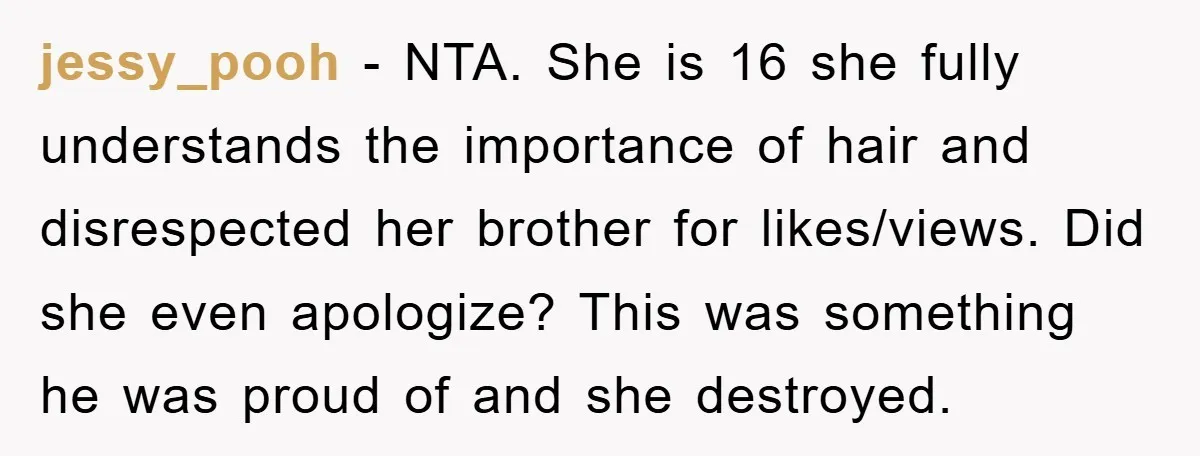 jessy_pooh − NTA. She is 16 she fully understands the importance of hair and disrespected her brother for likes/views. Did she even apologize? This was something he was proud of...