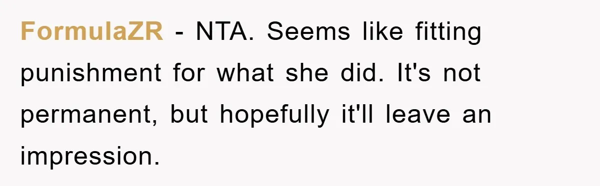 FormulaZR − NTA. Seems like fitting punishment for what she did. It's not permanent, but hopefully it'll leave an impression.
