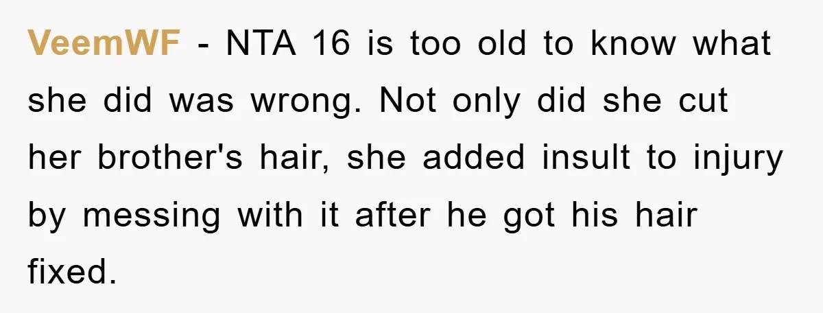 VeemWF − NTA 16 is too old to know what she did was wrong. Not only did she cut her brother's hair, she added insult to injury by messing with...