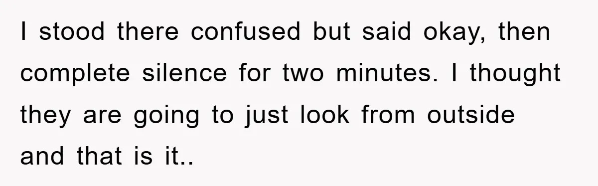 I stood there confused but said okay, then complete silence for two minutes. I thought they are going to just look from outside and that is it..