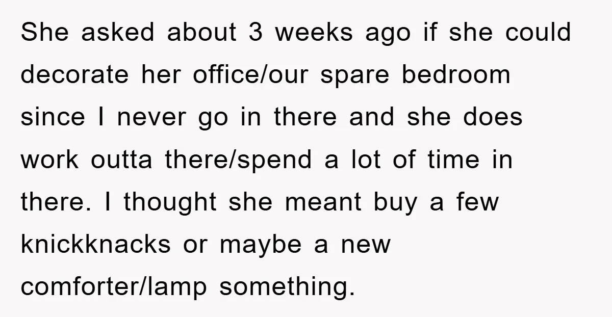 She asked about 3 weeks ago if she could decorate her office/our spare bedroom since I never go in there and she does work outta there/spend a lot of time...