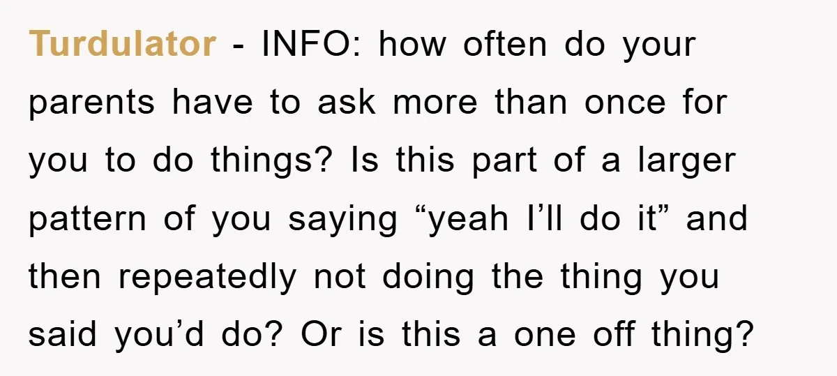 Turdulator - INFO: how often do your parents have to ask more than once for you to do things? Is this part of a larger pattern of you saying “yeah...