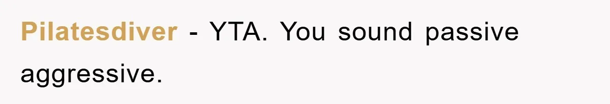 Pilatesdiver - YTA. You sound passive aggressive.