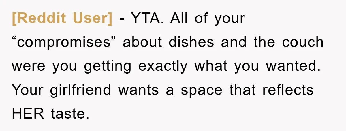 [Reddit User] − YTA. All of your “compromises” about dishes and the couch were you getting exactly what you wanted. Your girlfriend wants a space that reflects HER taste.
