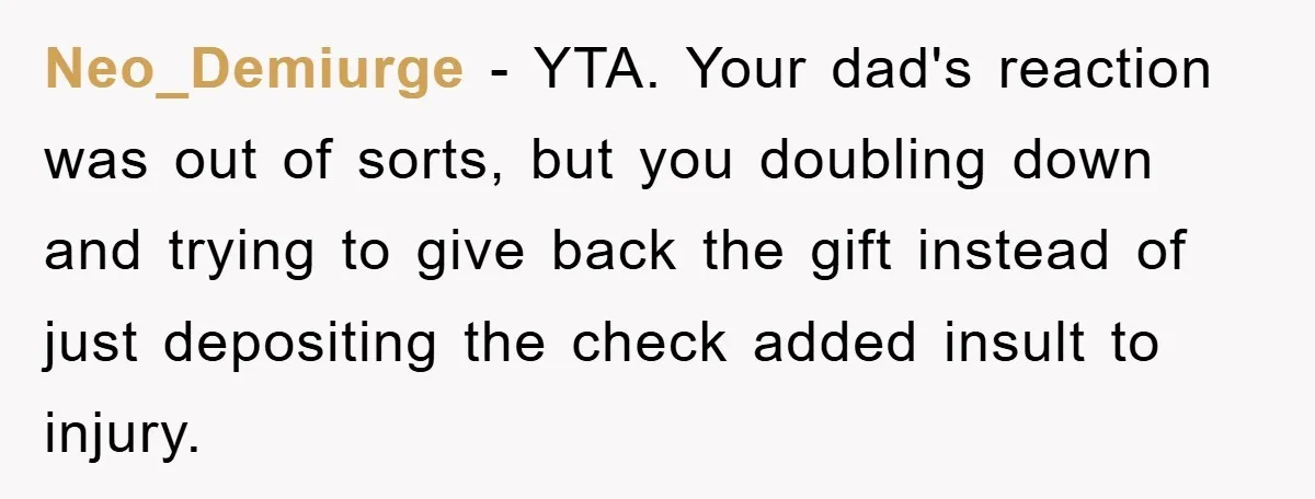 Neo_Demiurge - YTA. Your dad's reaction was out of sorts, but you doubling down and trying to give back the gift instead of just depositing the check added insult to...