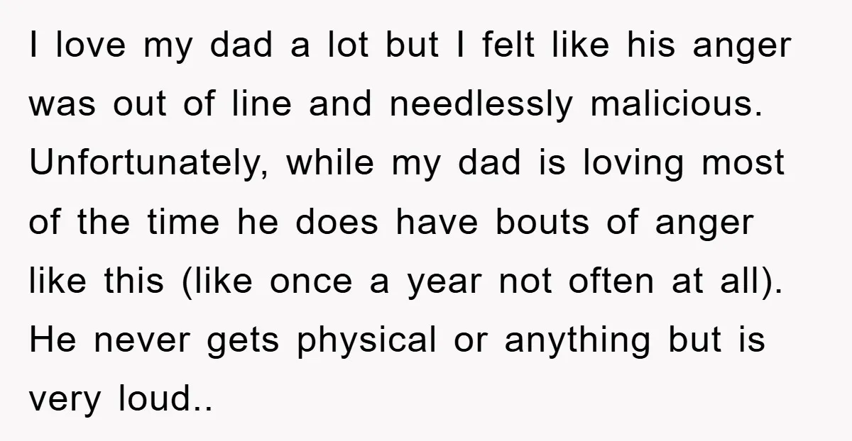 I love my dad a lot but I felt like his anger was out of line and needlessly malicious. Unfortunately, while my dad is loving most of the time he...
