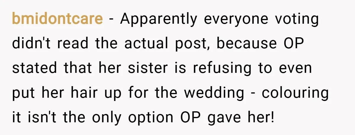 bmidontcare − Apparently everyone voting didn't read the actual post, because OP stated that her sister is refusing to even put her hair up for the wedding - colouring it...